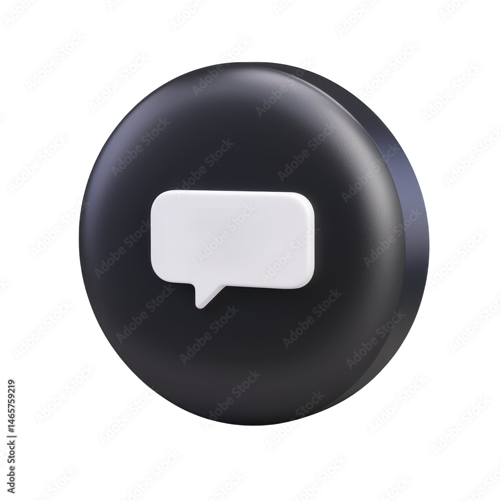 Poster 3d black circular icon features white speech bubble symbol in center, representing communication or 