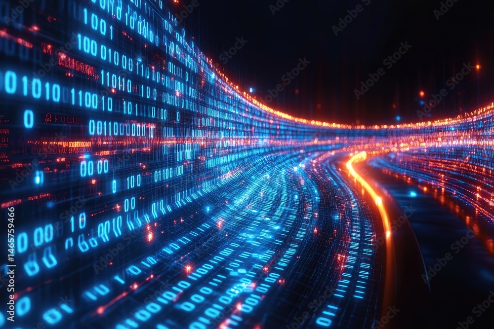 Poster digital binary code tunnel with vibrant glowing light effects.