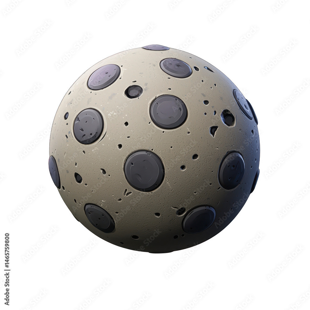 Poster spherical object resembling moon with craters and circular patterns, featuring textured surface and 