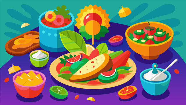 A feast for the senses as the vibrant colors of the salsas and toppings on the sopes and gorditas mirror the lively energy of the stand.. Vector illustration