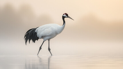 Obraz premium A graceful red crowned crane wades through shallow water du a misty morning in a peaceful wetland area.