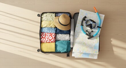 Suitcase Packed with Clothes and Map