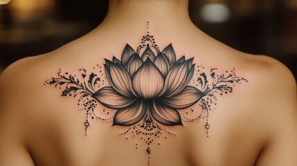 Obraz premium Intricate black and grey lotus flower tattoo with floral and ornamental detailing on upper back