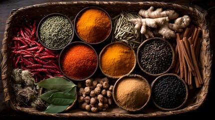 Spice Symphony: Colorful array of aromatic spices and roots artfully arranged in a woven basket.