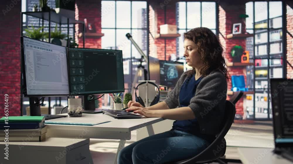 Fototapete Worker uses AI chatbot system to guide through problem solving tasks, futuristic technology highlights smart algorithms and machine learning. Communication and IT support. Camera A.