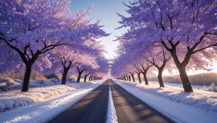 Serene Winter Landscape with Snow-Covered Road and Cherry Blossom Trees – Tranquil Scenic Photography