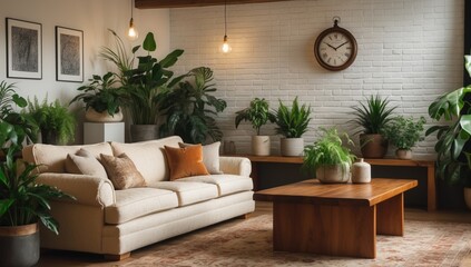 Minimalist Living Room Interior with Oatmeal Couch and Rustic Wooden Table – Cozy Scandinavian Design in 4K