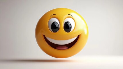 Fototapeta premium 3D rendered happy yellow emoji face with big shiny eyes and wide smiling mouth expressing joy and excitement on neutral background