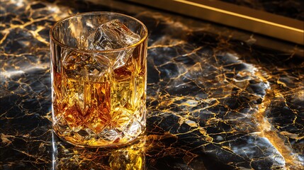 crystal whiskey glass with amber liquid and ice cubes, placed on a glossy marble surface, luxury art deco gold and black background