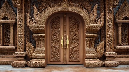 Obraz premium Intricate Entrance: Ornate wooden doorway framed by elaborate carvings and traditional motifs.