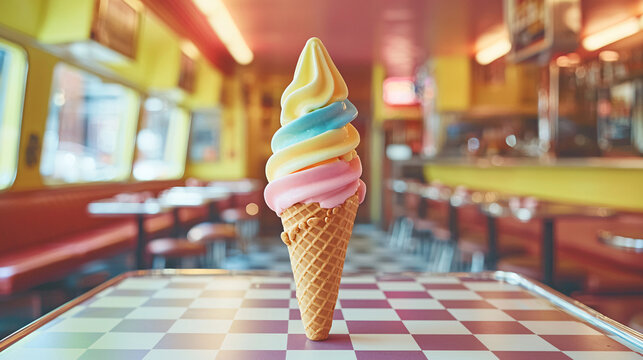 A delicious swirl of pink yellow and blue soft serve ice cream cone is presented in retro diner scene. - Powered by Adobe