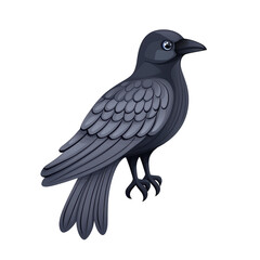 Fototapeta premium Cute cartoon crow with glossy black feathers and shiny beak stands on one leg, looking curiously to side. Its large eyes give it playful and friendly appearance