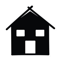 Simple black and white house icon with door and two windows