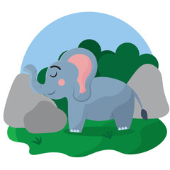 Peaceful elephant by rocks. Vector