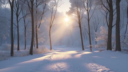 Hyper-Realistic Snowy Forest Path with Cinematic Lighting – Serene Winter Landscape in 8K