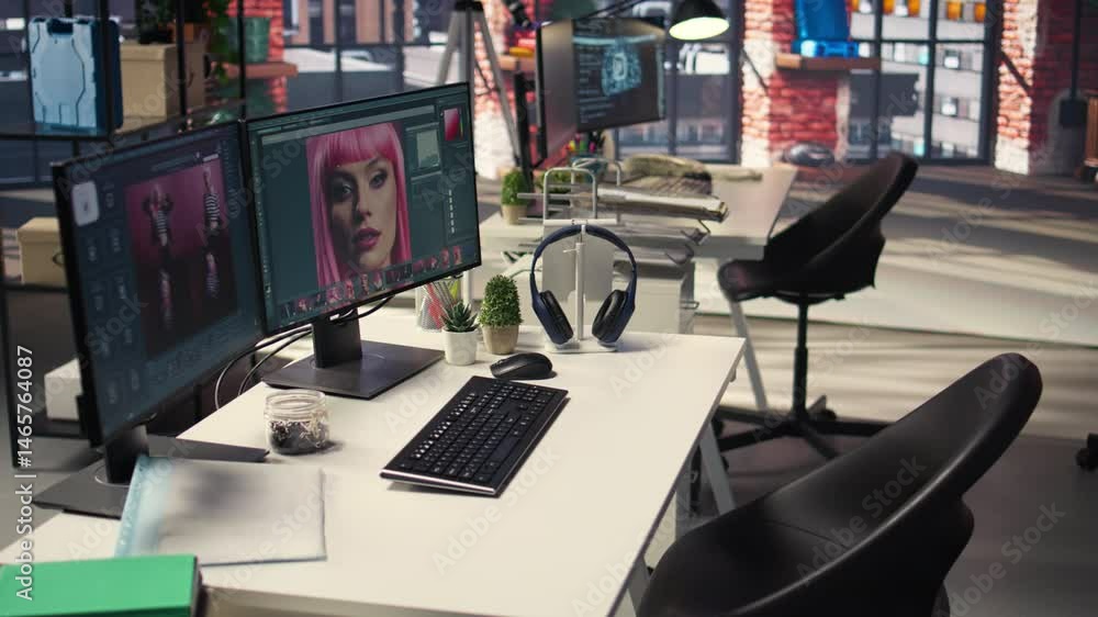 Poster professional studio setup for ai generated content and photography editing. empty workspace with mon