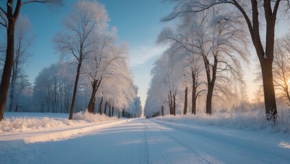 Peaceful Winter Road with Snow-Covered Trees and Golden Sunlight – Serene Landscape Photography
