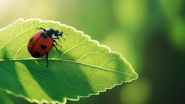 Ladybug's Embrace: A vibrant ladybug delicately perches on a verdant leaf, its striking red shell adorned with black spots. bathed in the soft, natural glow.