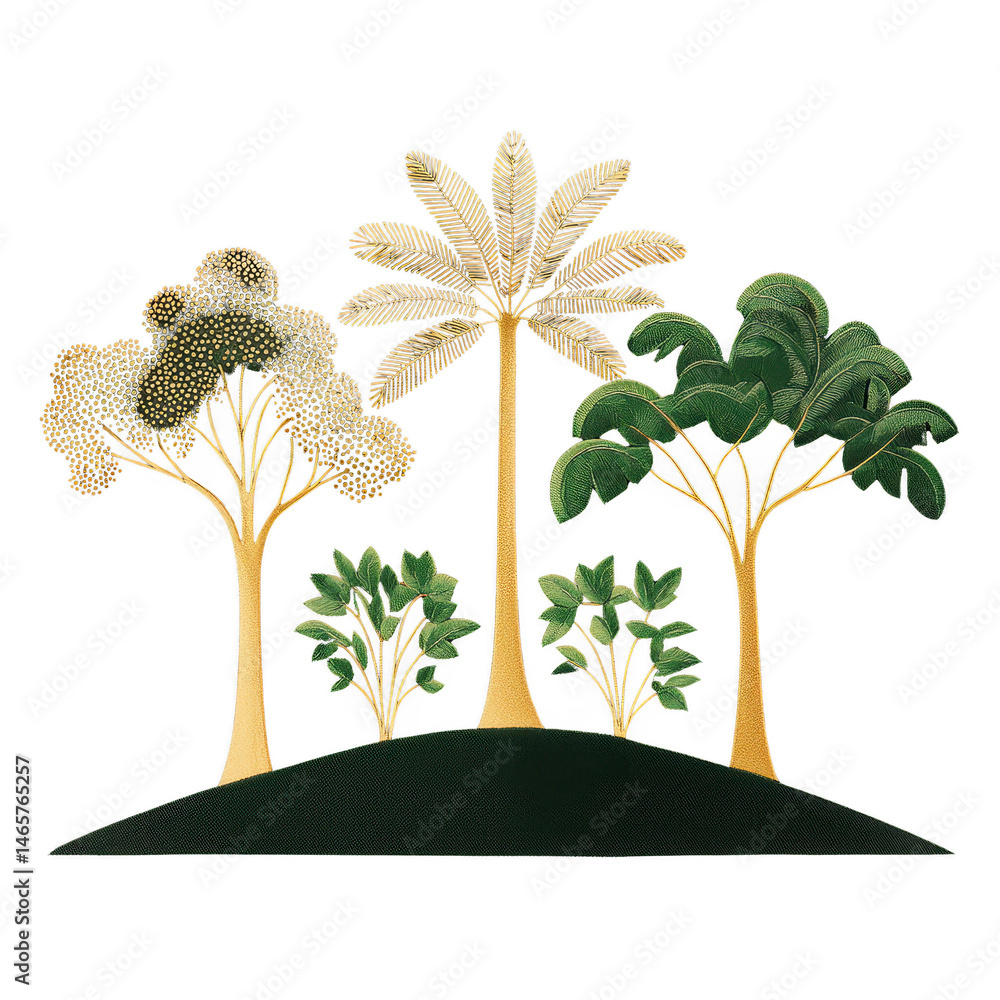 Poster collection of stylized trees with golden trunks and lush green foliage stands small hill, creating e