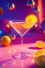 sparkling cocktail in a martini glass with a lemon slice garnish surrounded by colorful reflective spheres and lemon halves in vibrant purple and pink lighting