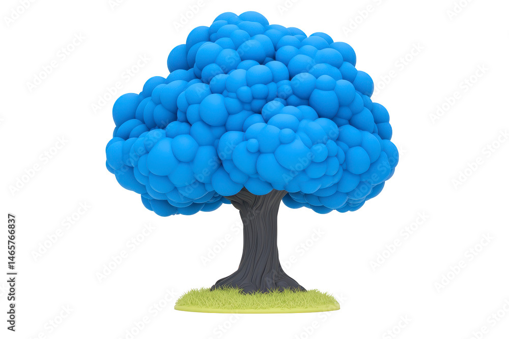 Poster digitally rendered tree with vibrant blue, cloud like canopy and textured trunk stands on small patc