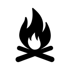 Simple black and white illustration of a campfire burning brightly outdoors
