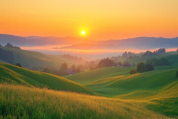 Obraz premium Sunrise over rolling hills with green grass and distant mountains
