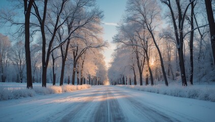 Peaceful Winter Road with Snow-Covered Trees and Golden Sunlight – Serene Landscape Photography