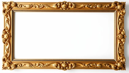Elegant Gold Ornate Rectangular Picture Frame, Empty, Isolated on White