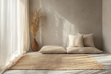 Minimal neutral bedroom with beige tones and natural dried plant decoration