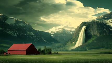 Serene Mountain Landscape with Red Barn and Waterfall