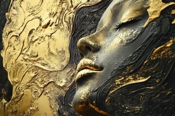 Abstract female portrait, rich in gold and dark tones.