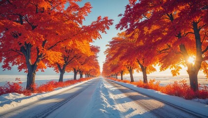 Surreal Winter Road with Colorful Maple Trees and Snow – Scenic Landscape Photography