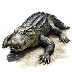 Fototapeta premium Detailed illustration of an alligator with scaly skin, sharp teeth, and piercing yellow eyes resting on a sandy surface.