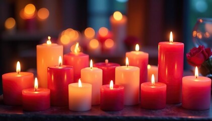 Many candles of different shapes and sizes arranged on a buffet , diverse, still life