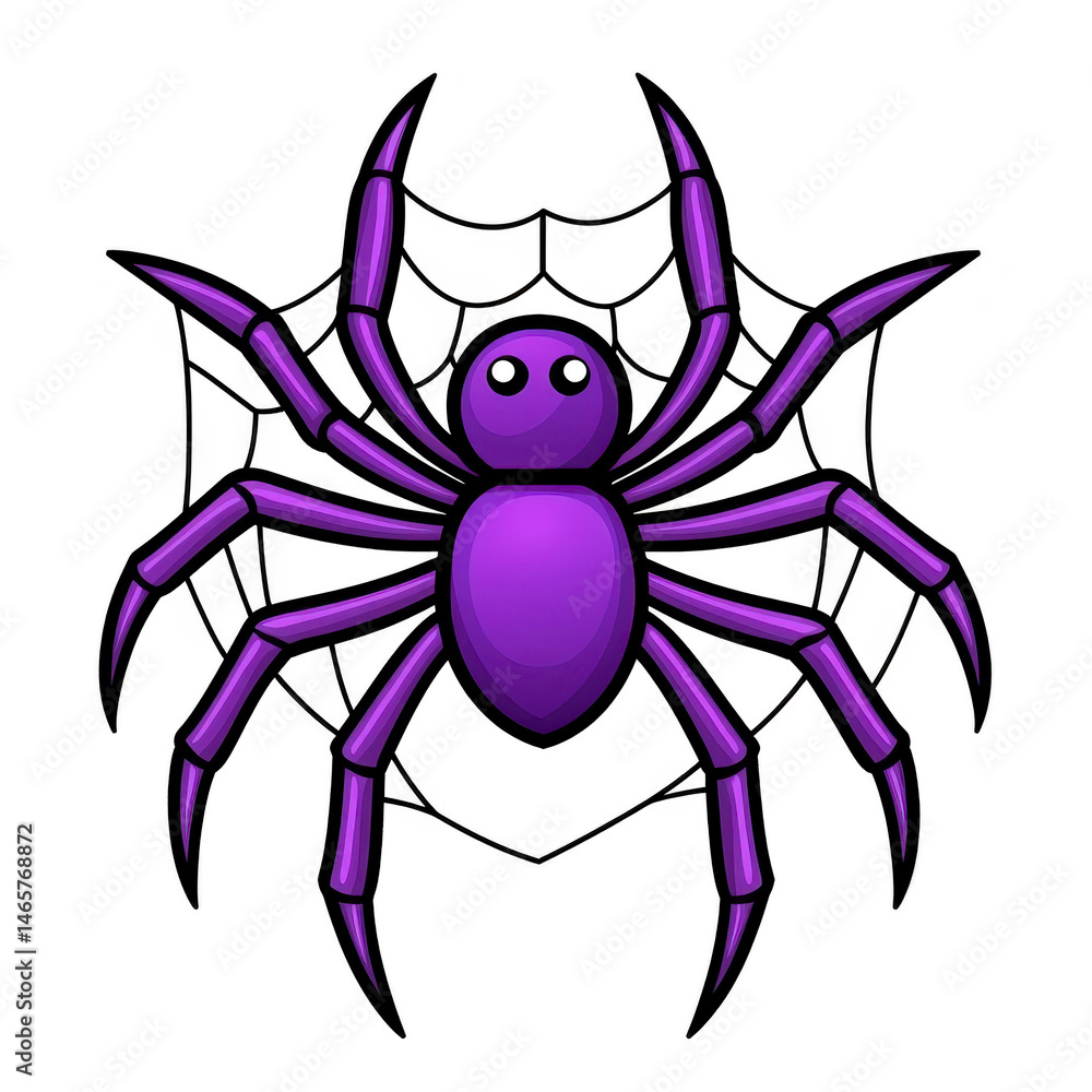 Poster vibrant purple spider with cartoonish design sits on web, showcasing playful and whimsical style. sp