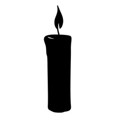 Single Black Silhouette Candle with a Flickering Flame on a White Background