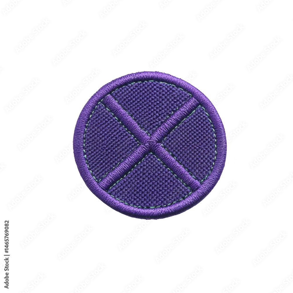 Poster round purple embroidered patch features cross design, symbolizing prohibition or cancellation. patch