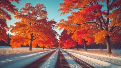Surreal Winter Road with Colorful Maple Trees and Snow – Scenic Landscape Photography
