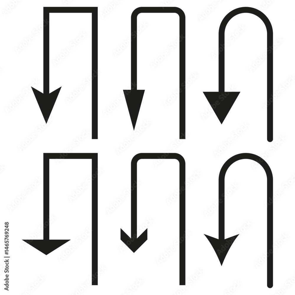 Poster downward arrow icon. turned path symbol. vertical movement vector. black linear shape.