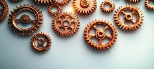 Arrangement of rusty brown metal gears of various sizes on a light surface creating a mechanical industrial theme