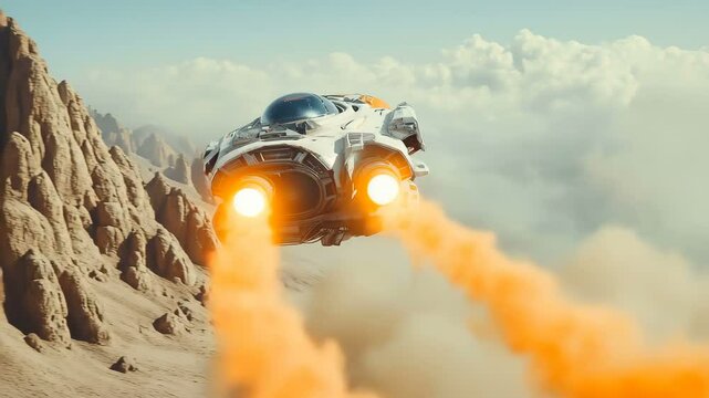A futuristic spaceship soars gracefully above a dramatic and breathtaking landscape, showcasing its advanced design