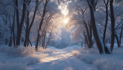 Hyper-Realistic Snowy Forest Path with Cinematic Lighting – Serene Winter Landscape in 8K