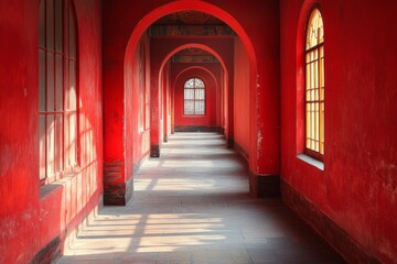 Red corridor with arched doorways and sunlight casting shadows on the floor
