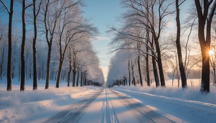 Peaceful Winter Road with Snow-Covered Trees and Golden Sunlight – Serene Landscape Photography