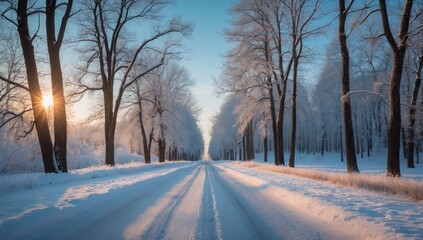 Peaceful Winter Road with Snow-Covered Trees and Golden Sunlight – Serene Landscape Photography