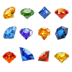 Fototapeta premium Collection of colorful gemstones including blue red yellow and green each cut in various shapes like round square and diamond displayed on transparency background