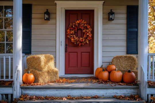 Front porch with pumpkins autumn wreath and wooden door during fall season