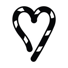 Stylized Candy Cane Shaped Like a Heart, Black and White Illustration