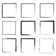 Square frame set. Brush stroke texture. Grayscale border detail. Vector illustration.